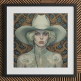 Winnie - Moon Lesbian Cowgirl Art Print / Canvas White Cowboy Hat Floral Embellishments Black Frame, Elegant Outlaw Reminding, Spirit’s