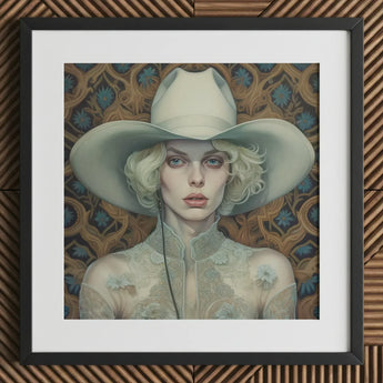 Winnie - Moon Lesbian Cowgirl Art Print / Canvas White Cowboy Hat Floral Embellishments Black Frame, Elegant Outlaw Reminding, Spirit’s