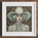 Winnie - Moon Lesbian Cowgirl Art Print / Canvas White Lace Dress Wide-brimmed Hat Floral Embellishment, Elegant Outlaw Reminding, Spirit’s