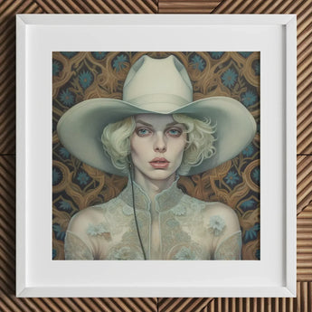 Winnie - Moon Lesbian Cowgirl Art Print / Canvas White Lace Dress Wide-brimmed Hat Floral Embellishment, Elegant Outlaw Reminding, Spirit’s