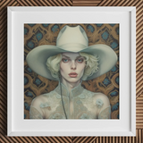 Winnie - Moon Lesbian Cowgirl Art Print / Canvas White Lace Dress Wide-brimmed Hat Floral Embellishment Lesbian Cowgirl Art, Elegant Outlaw
