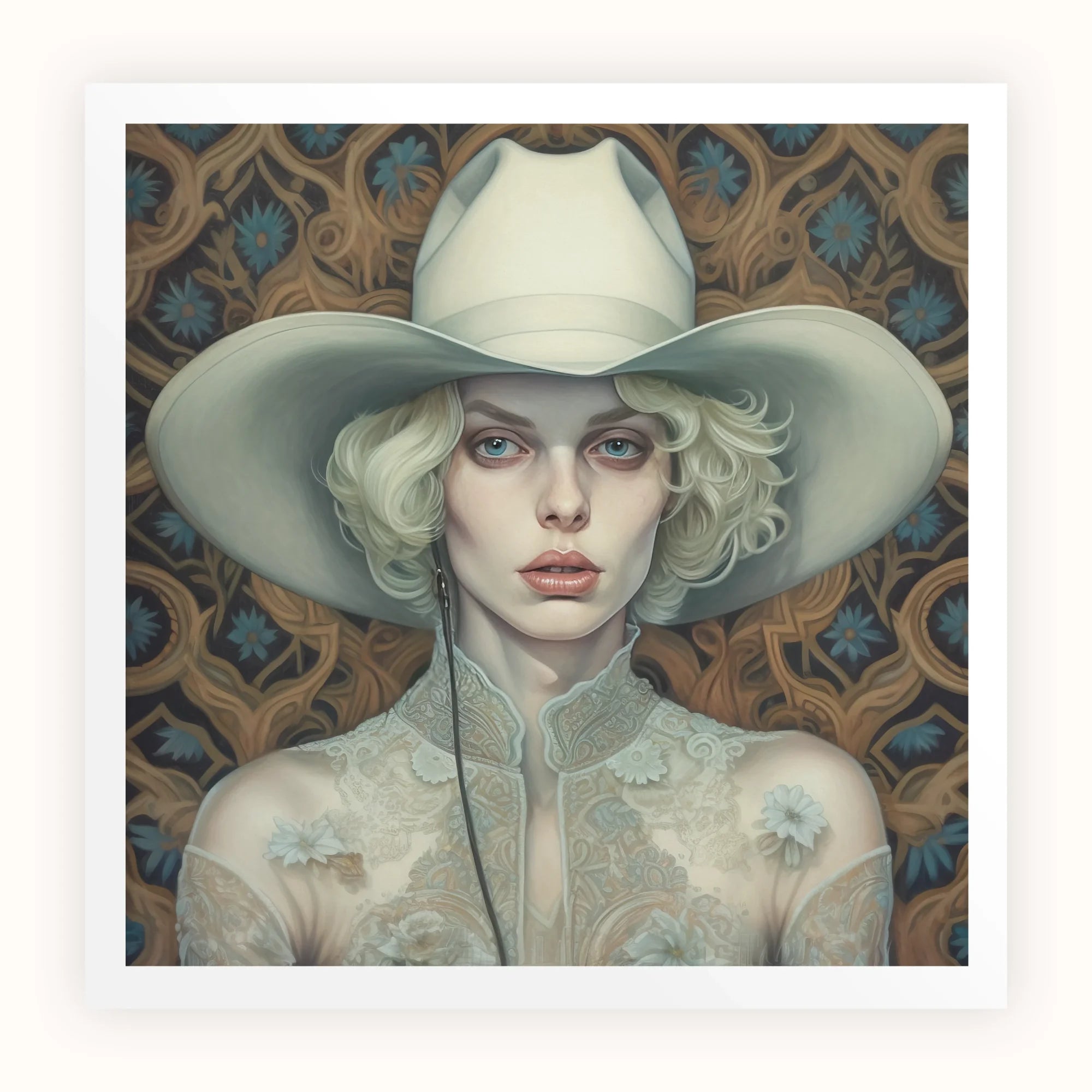 Winnie - Moon Lesbian Cowgirl Art Print, Figure Wide-brimmed White Hat Patterned Wallpaper