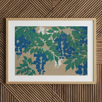 Wisteria from Momoyogusa - Kamisaka Sekka Art Print / Canvas Framed Artwork Stylized Blue Green Blossoms Beige, Sekka’s, Prints