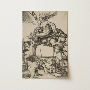The Witch - Albrecht Durer Art Print / Canvas Detailed Black-and-white Mythological Scene Figures Animals, Crone Vaults Prints