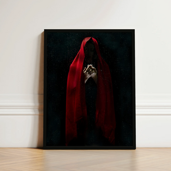 Witch in Red Cloak Art Print / Canvas Black-framed Figure Draped Deep Fabric Crimson Mantle Catches, Reflection Multiplies, a Veil, Dim