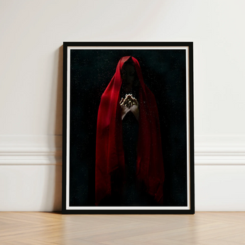 Witch in Red Cloak Art Print / Canvas Framed Figure Draped Deep Fabric Crimson Mantle Catches, Reflection Multiplies, a Veil, Dim Light