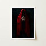 Witch in Red Cloak Art Print / Canvas Framed Figure Draped Deep Fabric Crimson Mantle Catches, Reflection Multiplies, a Veil, Dim Light