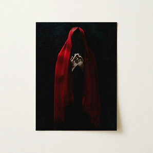 Witch in Red Cloak Art Print / Canvas 12x16’’ / 31x41cm / Unframed / no Border Red Fabric Draped Figure Hands Clasped Set Dark Crimson
