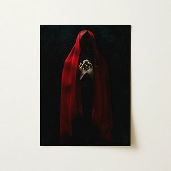 Witch in Red Cloak Art Print / Canvas Fabric Draped Figure Hands Clasped Set Dark Crimson Mantle Catches, Reflection Multiplies, a Veil,