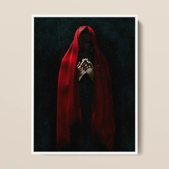 Witch in Red Cloak Art Print / Canvas Framed Artwork Figure Draped Deep Fabric Dark Crimson Mantle Catches, Reflection Multiplies, a Veil,