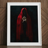 Witch in Red Cloak Art Print / Canvas Framed Artwork Figure Hood Clasped Hands Crimson Mantle Catches, Reflection Multiplies, a Veil, Dim