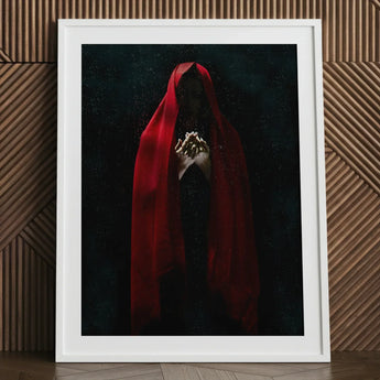 Witch in Red Cloak Art Print / Canvas Framed Artwork Figure Hood Clasped Hands Crimson Mantle Catches, Reflection Multiplies, a Veil, Dim