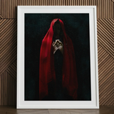 Witch in Red Cloak Art Print / Canvas Framed Artwork Figure Hood Clasped Hands Crimson Mantle Catches, Reflection Multiplies, a Veil, Dim