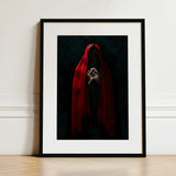 Witch in Red Cloak Art Print / Canvas Framed Figure Draped Deep Fabric Crimson Mantle Catches, Reflection Multiplies, a Veil, Dim Light
