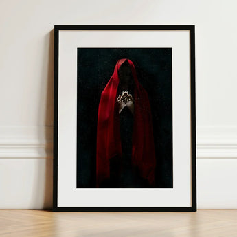 Witch in Red Cloak Art Print / Canvas Framed Figure Draped Deep Fabric Crimson Mantle Catches, Reflection Multiplies, a Veil, Dim Light