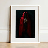 Witch in Red Cloak Art Print / Canvas Framed Figure Draped Deep Fabric Crimson Mantle Catches, Reflection Multiplies, a Veil, Dim Light