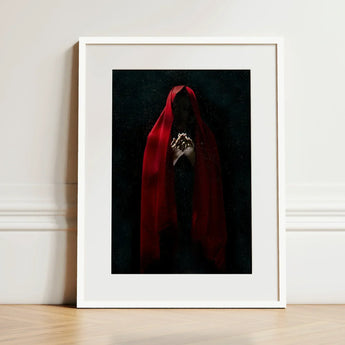 Witch in Red Cloak Art Print / Canvas Framed Figure Draped Deep Fabric Crimson Mantle Catches, Reflection Multiplies, a Veil, Dim Light