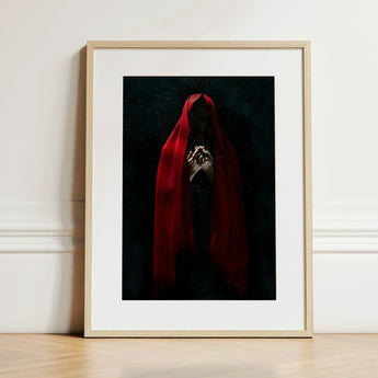 Witch in Red Cloak Art Print / Canvas Framed Figure Draped Rich Fabric Crimson Mantle Catches, Reflection Multiplies, a Veil, Dim Light