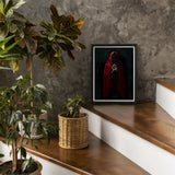 Witch in Red Cloak Art Print / Canvas Framed Figure White Object Crimson Mantle Catches, Reflection Multiplies, a Veil, Dim Light Folds