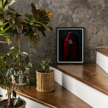 Witch in Red Cloak Art Print / Canvas Framed Figure White Object Crimson Mantle Catches, Reflection Multiplies, a Veil, Dim Light Folds