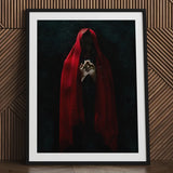 Witch in Red Cloak Art Print / Canvas Framed Person Clasped Hands Crimson Mantle Catches, Reflection Multiplies, a Veil, Dim Light Folds