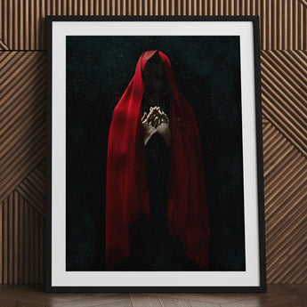 Witch in Red Cloak Art Print / Canvas Framed Person Clasped Hands Crimson Mantle Catches, Reflection Multiplies, a Veil, Dim Light Folds