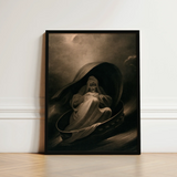 Witch Surfing on a Sieve - Charles Turner Art Print / Canvas Black-framed Artwork Somber Draped Figure Sepia-toned Tones, Rides, Horizon
