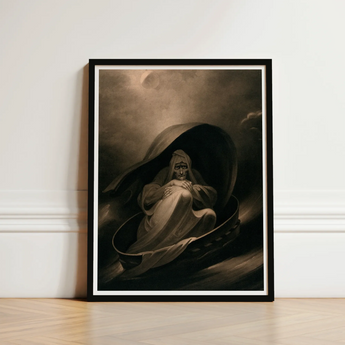 Witch Surfing on a Sieve - Charles Turner Art Print / Canvas Black-framed Somber Draped Figure Sepia Tones, Rides, Horizon Folding Prints