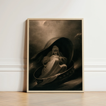 Witch Surfing on a Sieve - Charles Turner Art Print / Canvas Framed Artwork Sepia-toned Scene Skeletal Figure Robes Seated, Rides, Horizon