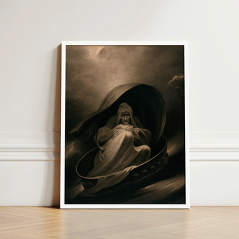 Witch Surfing on a Sieve - Charles Turner Art Print / Canvas Framed Artwork Monochromatic Scene Figure Robes Seated Ornate, Rides, Horizon