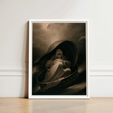 Witch Surfing on a Sieve - Charles Turner Art Print / Canvas Framed Artwork Ghostly Figure White Robes Seated Dark, Rides, Horizon Folding