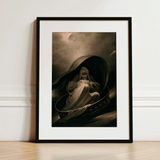 Witch Surfing on a Sieve - Charles Turner Art Print / Canvas Black-framed Art Print Dramatic Sepia-toned Illustration Hooded Figure Charles