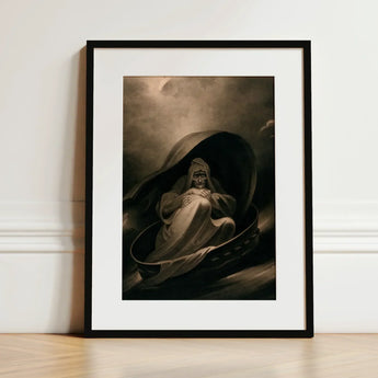 Witch Surfing on a Sieve - Charles Turner Art Print / Canvas Black-framed Dramatic Sepia-toned Illustration Hooded Figure, Rides, Horizon