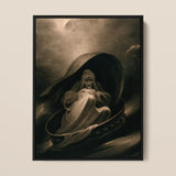 Witch Surfing on a Sieve - Charles Turner Art Print / Canvas Framed Artwork Ghostly Figure Robes Seated Dark Crescent-shaped, Rides,