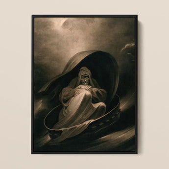 Witch Surfing on a Sieve - Charles Turner Art Print / Canvas Framed Artwork Ghostly Figure Robes Seated Dark Crescent-shaped, Rides,