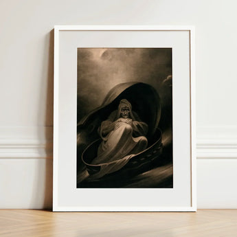 Witch Surfing on a Sieve - Charles Turner Art Print / Canvas Framed Artwork Sepia-toned Illustration Skeletal Figure Robes Seated, Rides,