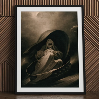 Witch Surfing on a Sieve - Charles Turner Art Print / Canvas Framed Monochromatic Painting Figure Shell Charles Turner Art, Witch Rides,