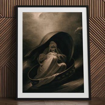 Witch Surfing on a Sieve - Charles Turner Art Print / Canvas Framed Monochromatic Painting Figure Shell, Rides, Horizon Folding Prints