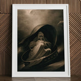 Witch Surfing on a Sieve - Charles Turner Art Print / Canvas Framed Sepia-toned Painting Cloaked Figure Shell-like Vessel, Rides, Horizon