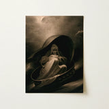 Witch Surfing on a Sieve - Charles Turner Art Print / Canvas Hauntingly Detailed Sepia-toned Artwork Skeletal Figure Draped Robes, Rides,