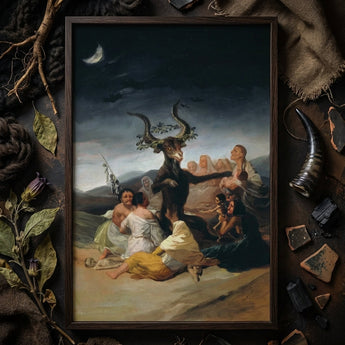 Witches’ Sabbath - Francisco De Goya Art Print / Canvas Dark Wooden-framed Painting Horned Goat Figure Leafy Antlers Witches Sabbath,