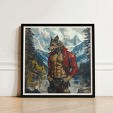 Framed Artwork Muscular Wolf-man Red Leather Jacket Mountain Gay Wolf Art, Wild Hymn Carved, Print