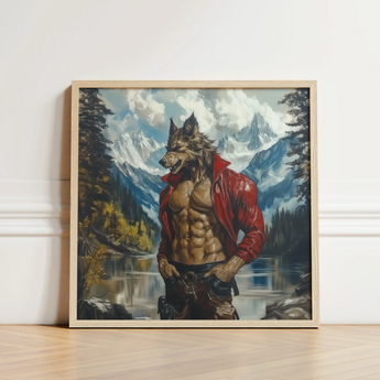 Framed Painting Muscular Wolf-man Red Leather Jacket Lake Gay Wolf Art, Wild Hymn Carved, Print