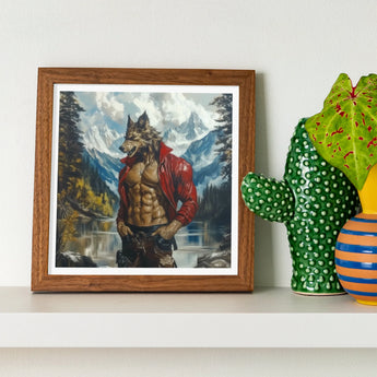 Wolfgang - Gay Wolf Art Print / Canvas Framed Artwork Muscular Anthropomorphic Red Jacket Mountainous, Wild Hymn Carved, Prints