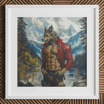 Wolfgang - Gay Wolf Art Print / Canvas Framed Artwork Muscular Anthropomorphic Red Leather Jacket, Wild Hymn Carved, Prints