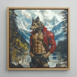 Wolfgang - Gay Wolf Art Print / Canvas Framed Painting Muscular Wolf-headed Figure Red Leather Jacket Gay Wolf Art, Wild Hymn Carved, Art