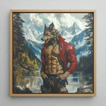 Wolfgang - Gay Wolf Art Print / Canvas Framed Painting Muscular Wolf-headed Figure Red Leather Jacket, Wild Hymn Carved, Prints