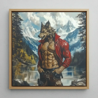 Wolfgang - Gay Wolf Art Print / Canvas Framed Painting Muscular Wolf-headed Figure Red Leather Jacket Gay Wolf Art, Wild Hymn Carved, Art