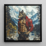 Wolfgang - Gay Wolf Art Print / Canvas Framed Painting Muscular Wolf-man Red Leather Jacket, Wild Hymn Carved, Prints