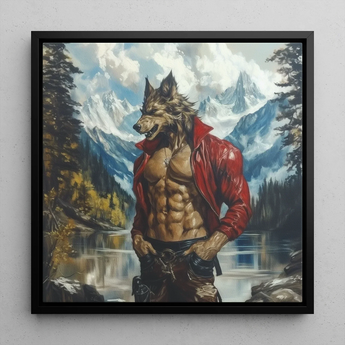 Wolfgang - Gay Wolf Art Print / Canvas Framed Canvas Painting Muscular Wolf-man Red Leather Jacket Gay Wolf Art, Wild Hymn Carved, Art Print
